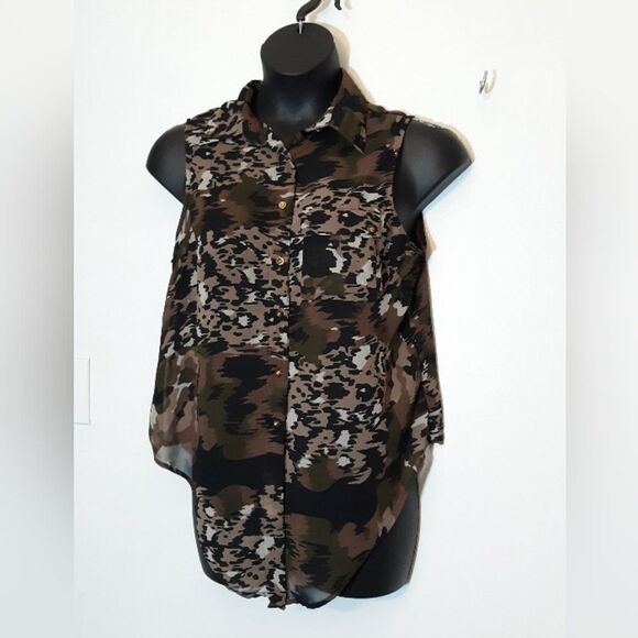 Tops - Mileage sheer camouflage button up tank